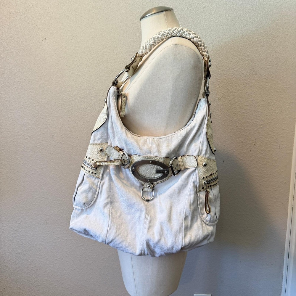 Guess Vintage White Monogram Hobo Bag Y2K Studded Braided Strap Zebra Print